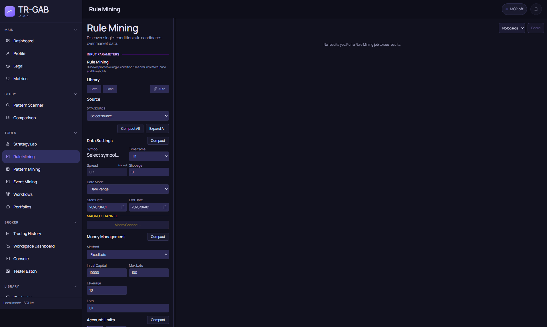 TR-GAB Rule Mining configuration with data, execution and money management controls