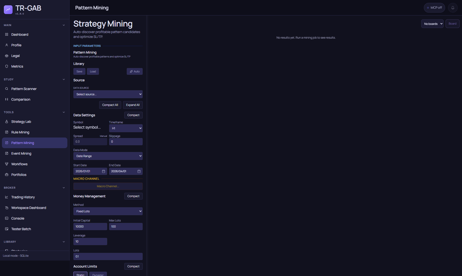 TR-GAB Pattern Mining configuration with data settings, Macro Channel and money management