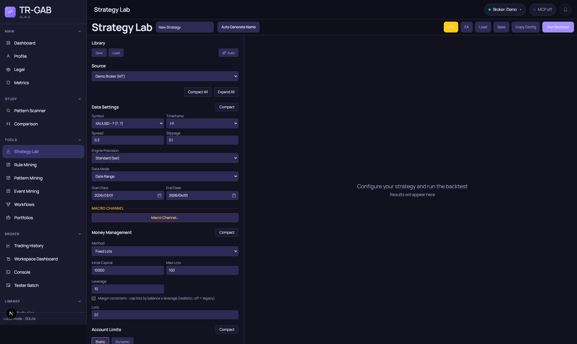 TR-GAB Strategy Lab showing strategy configuration controls and an empty backtest result workspace